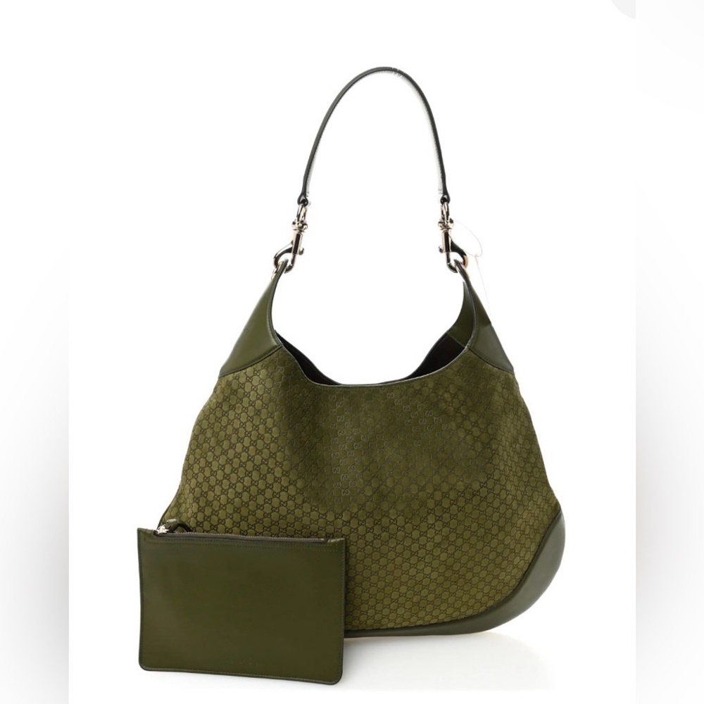MEDIUM B Shoulder Bag w Pouchette-Moss Green Leather embossed letters